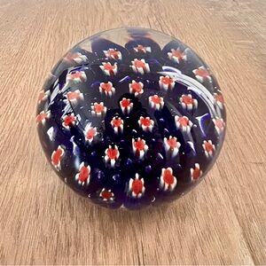 Vintage Italian Murano Art Glass Millefiori Paperweight Blue W/‎ Red Flowers